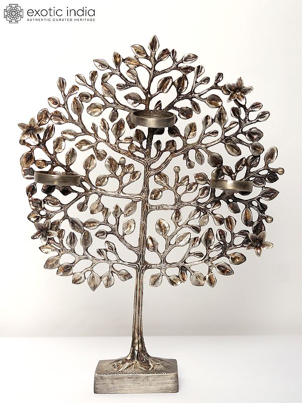 13" Antique Silver Tree of Life with Candle Holders | Brass with Electroplating