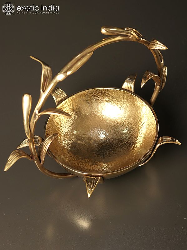 11" Designer Brass Urli Bowl with Floral Handle