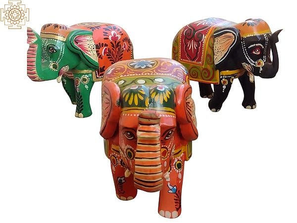 10" Wood Colorful Elephant - Set Of 3 | Decor Item