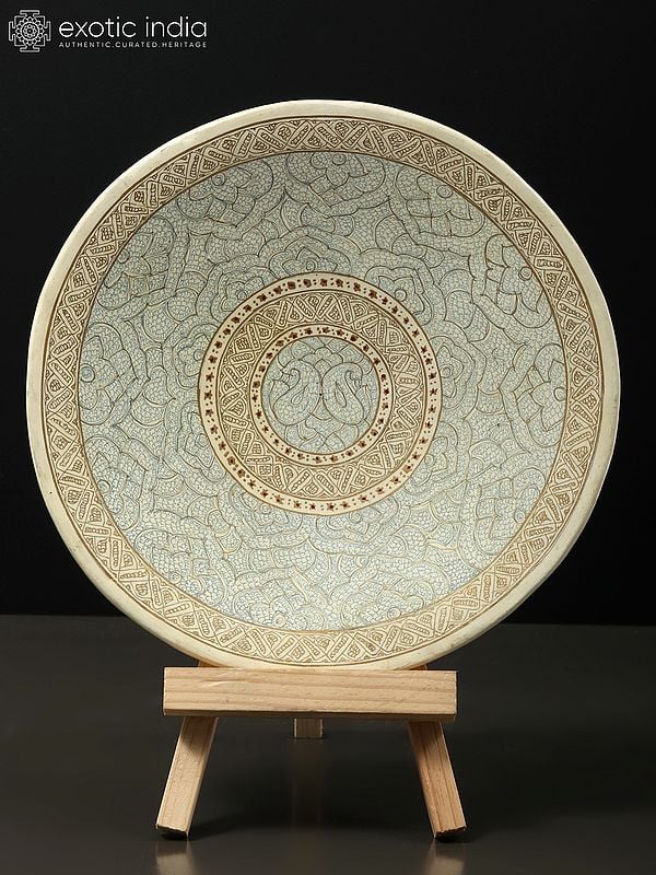 13" Hand-Painted Motif Design Papier Mache Plate on Wood Stand | Home Decor