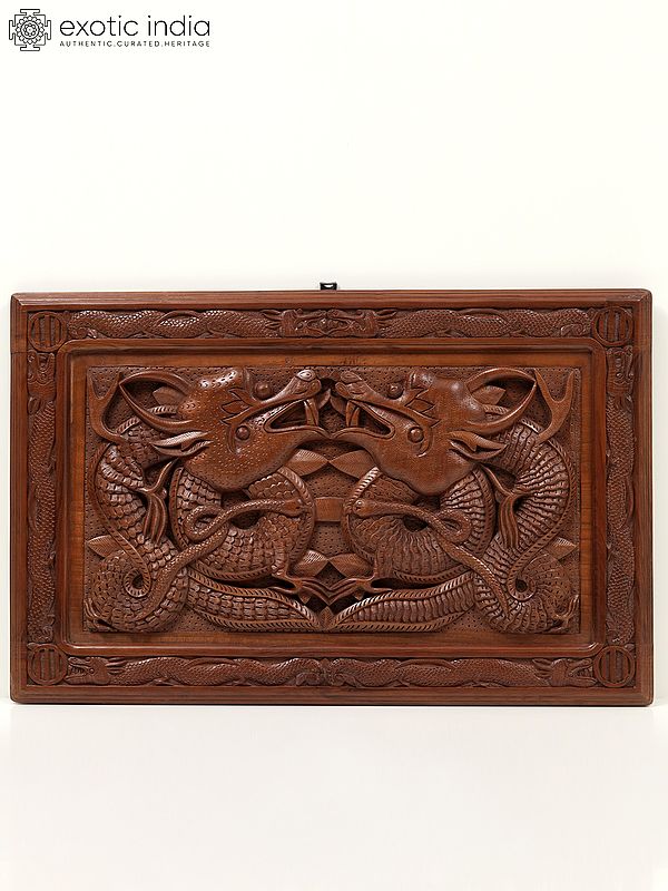 23" Walnut Wood Carved Pair of Dragons Wall Panel