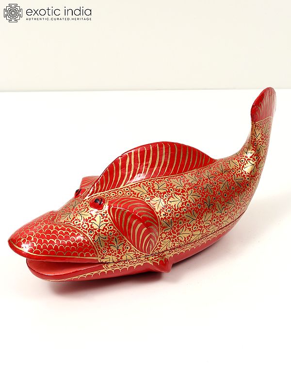 11" Hand Painted Papier Mache Fish Box in Red Color