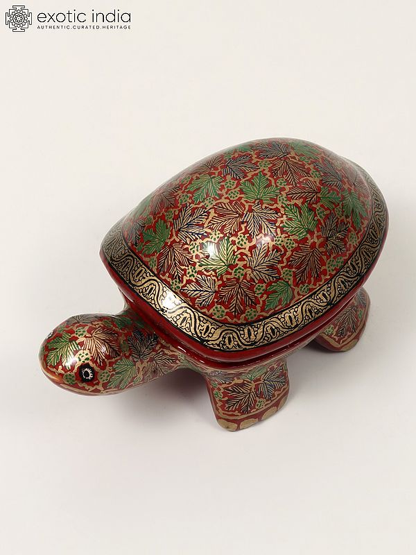 4" Small Hand Painted Papier Mache Cute Tortoise Figurine Storage Box | Home Decor