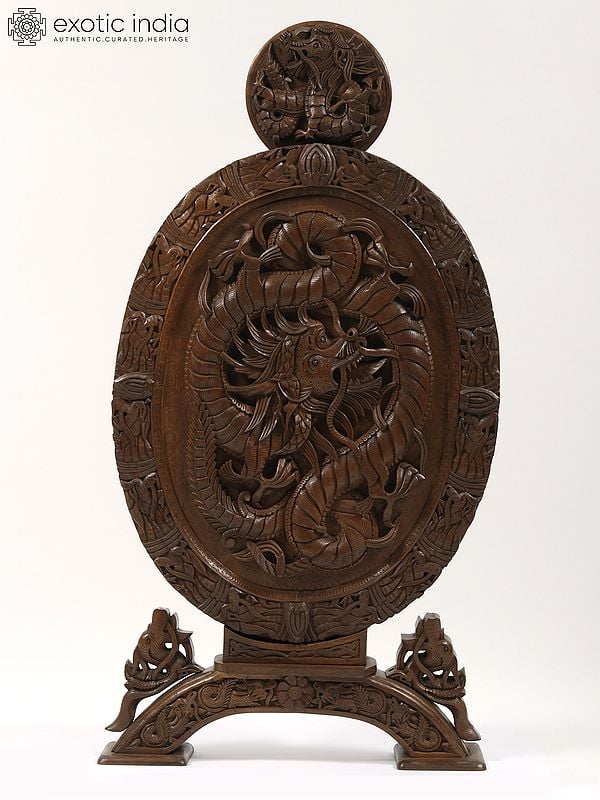 43" Large Walnut Wood Carved Dragons Design Panel from Kashmir