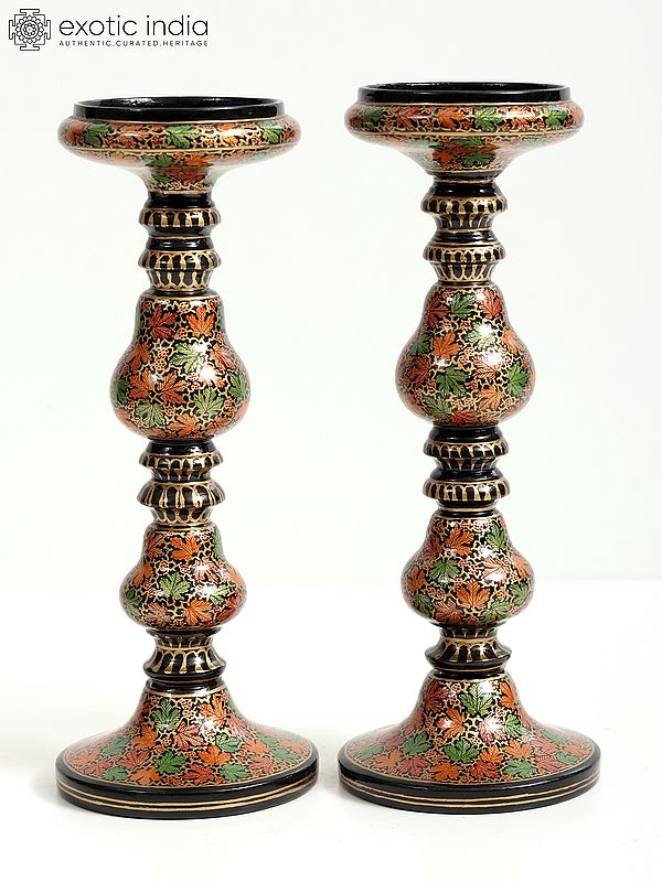 Wood Based Papier Mache Floral Candle Stand - Set Of 2 | Hand-Painted