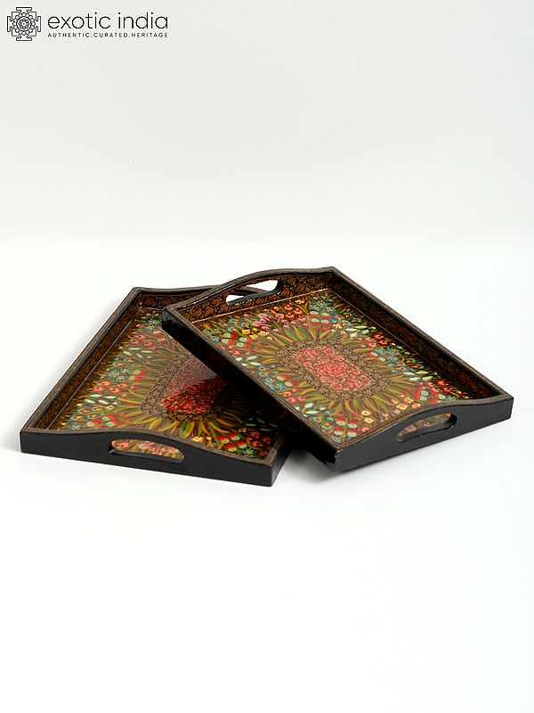 Wood Colorful Floral Tray - Set Of 2 With Fine Work | Hand Painted