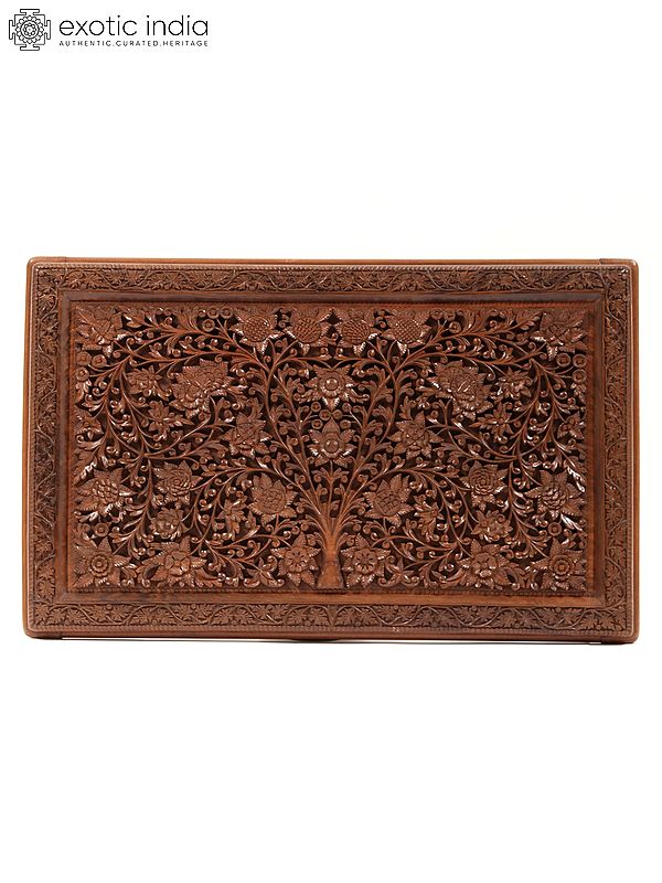 31" Rectangular Shaped Walnut Wood Carved Tree of Life Wall Panel | From Kashmir