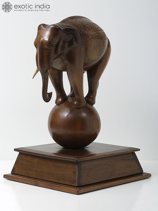 17" Elephant Balancing on a Ball | Walnut Wood Sculpture from Kashmir | Home Decor