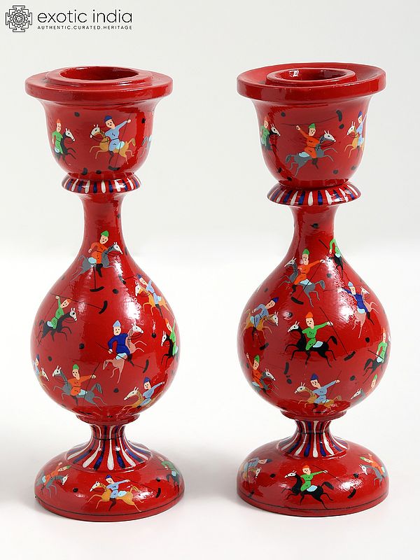 6" Hand-Painted Polo Players Design Papier Mache Candle Holder (Pair) | From Kashmir