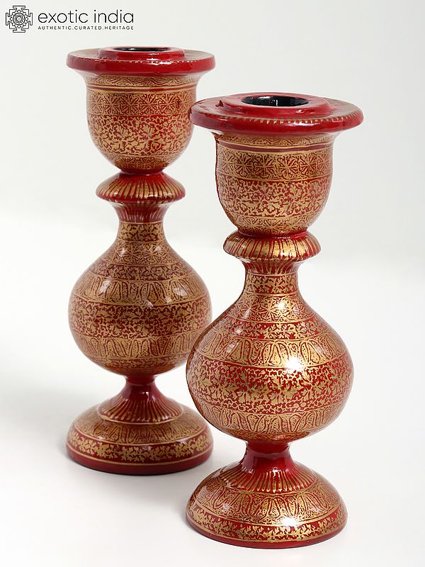 5" Pair of Hand-Painted Papier Mache Candle Holder from Kashmir