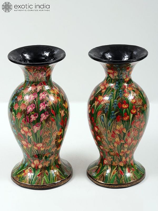 10" Colorful Hand Painted Pair of Papier Mache Vases from Kashmir | Home Decor