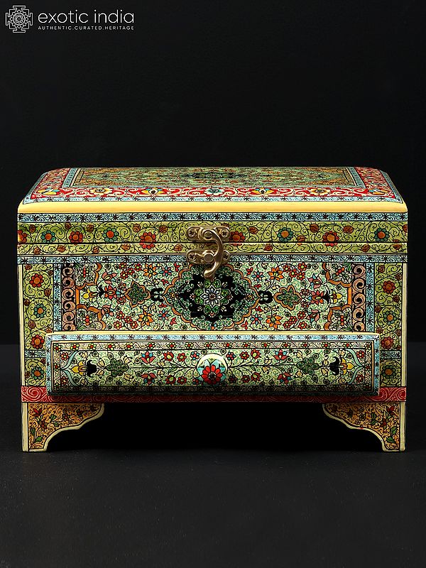 9" Superfine Hand-Painted Papier Mache Jewelry Box With Lock | From Kashmir