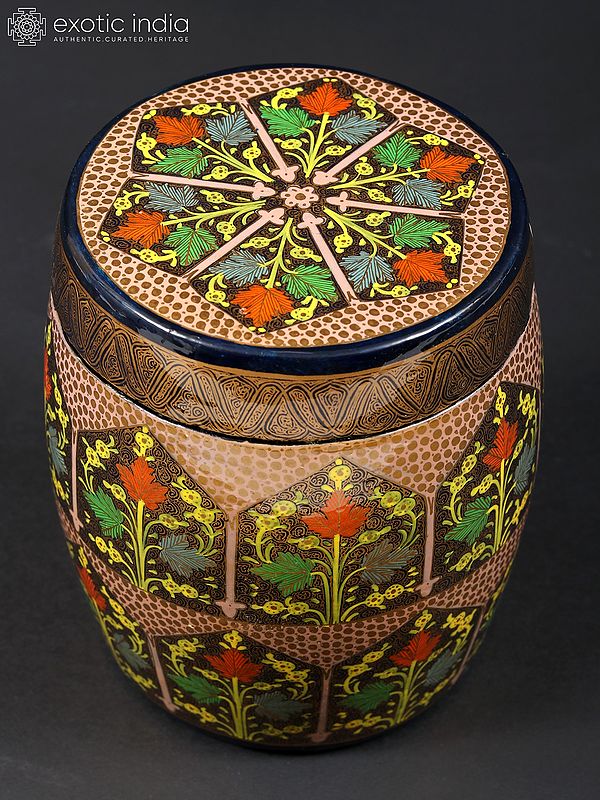 6" Hand Painted Papier Mache Barrel Box with Brass Inside | From Kashmir