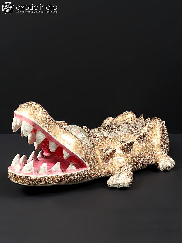 20" Hand Painted Papier Mache Crocodile Figurine | From Kashmir | Home Decor