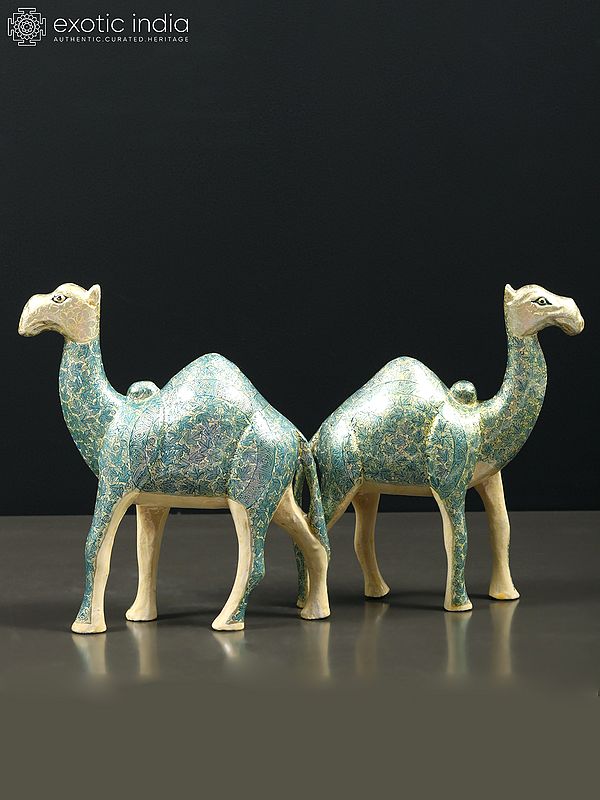 7" Hand Painted Papier Mache Pair of Camels Figurine | From Kashmir | Home Decor