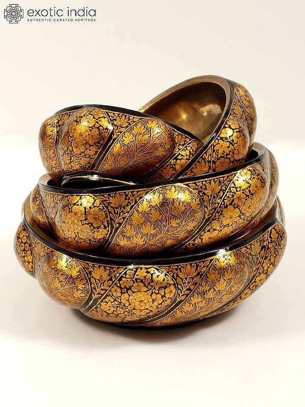 Hand-Painted Papier Mache Bowl with Brass Inside (Set of 4) | 24 Karat Gold Work | From Kashmir