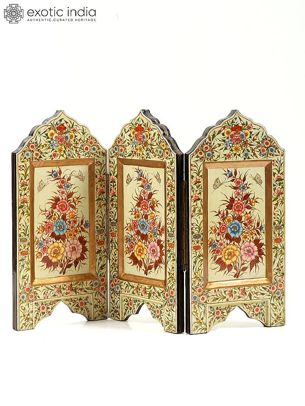 18" Floral Design Wood Based Papier Mache Three Panels Divider Screen | Hand-Painted | From Kashmir