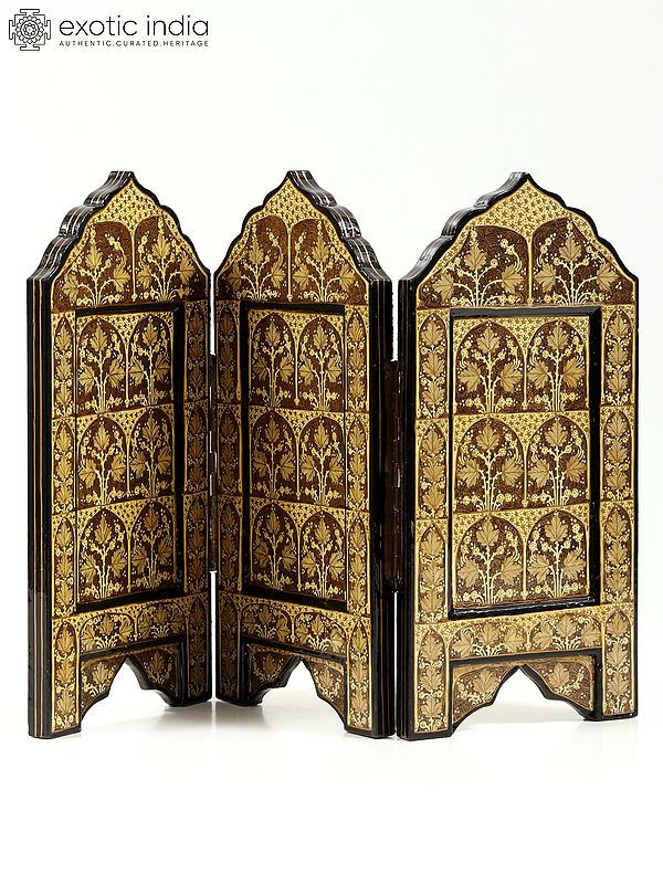 18" Hand-Painted Wood Based Papier Mache Three Panels Divider Screen | From Kashmir