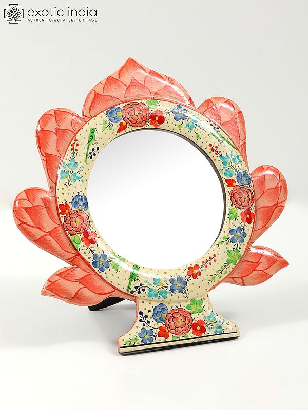 7" Hand-Painted Wood Based Papier Mache Mirror with Stand | From Kashmir
