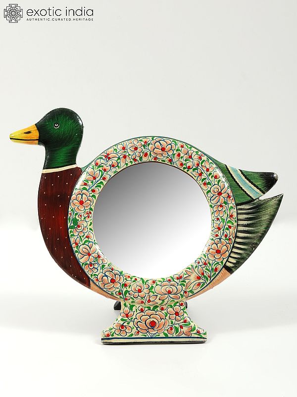8" Wood Based Papier Mache Duck Design Mirror with Stand | Hand-Painted | From Kashmir