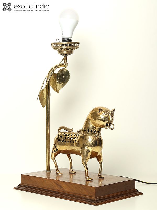 19" Brass Tribal Lion Table Lamp on Wood Base | Dhokra Art | From West Bengal