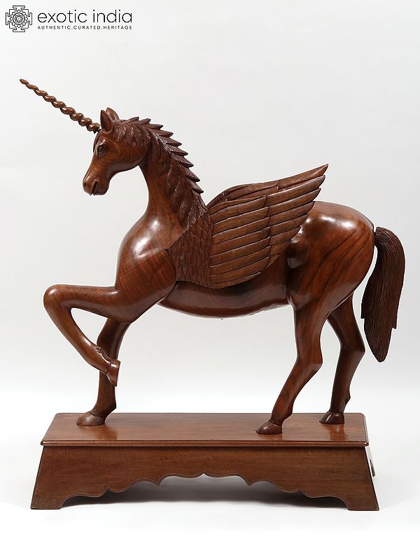 53" Large Walnut Wood Carved Unicorn Sculpture | From Kashmir