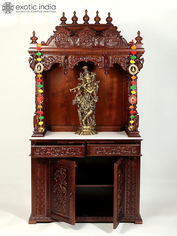 75" Large Designer Wood Carved Temple | With Doors & Drawers