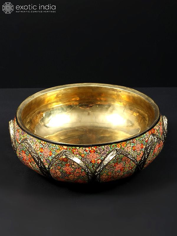 10" Hand Painted Papier Mache Bowl with Brass Inside | 24 Karat Gold Work | From Kashmir