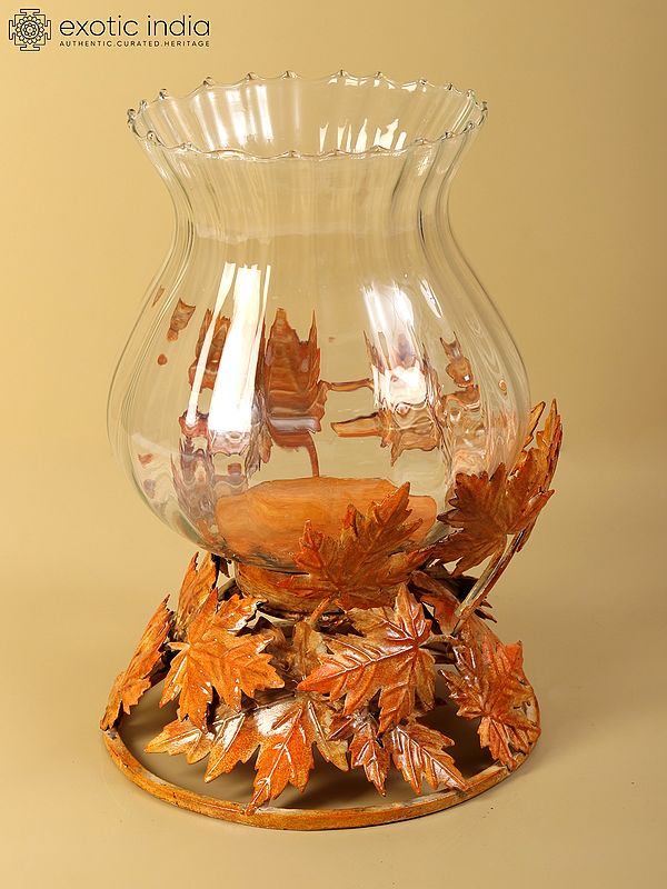 12" Stylish Leaves Design Hurricane | Iron and Glass