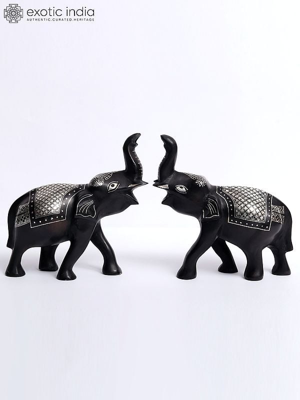 6" Beautiful Elephants - (Set Of 2) | Bidri Artwork | Gunmetal With Real Silver