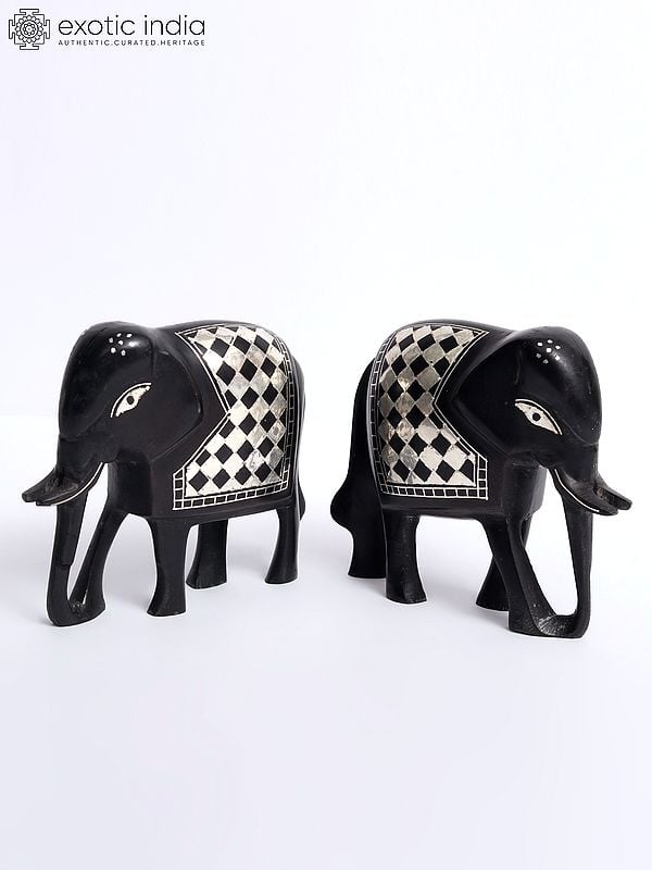 5" Beautiful Elephants Pair - (Set Of 2) | Bidri Artwork | Gunmetal With Real Silver