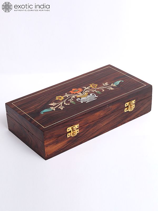 12" Wood Flower Vase Design Jewellery Box - Hand Painted Natural Color With Inlay Work