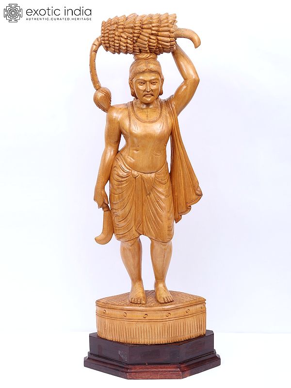 26" Man Carrying Bunch of Bananas on Head | Wood Statue