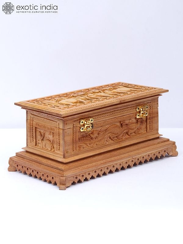 9" Wood Animal Figures Jewellery Box With Beautiful Carving