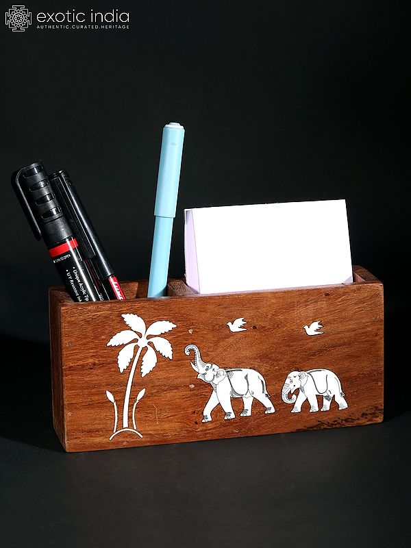 6" Elephant Design Inlay Work Pen Stand with Card Holder In Teakwood