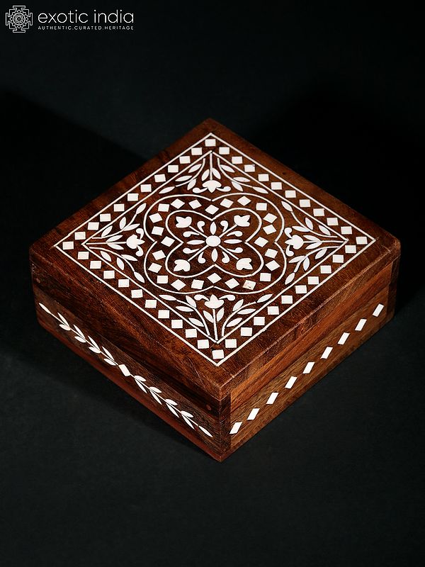 Square Shaped Teakwood Jewelry Box with Inlay Work