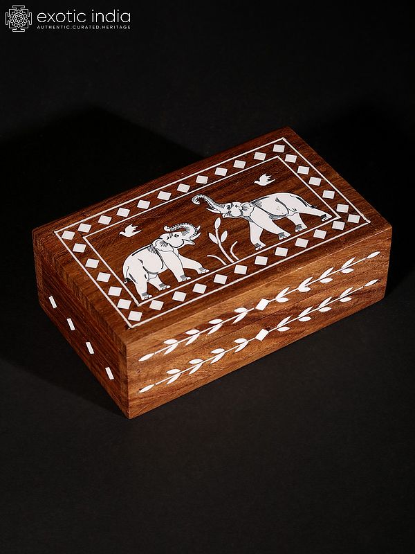 5" Roaring Elephants Wood Jewellery Box With Inlay Work