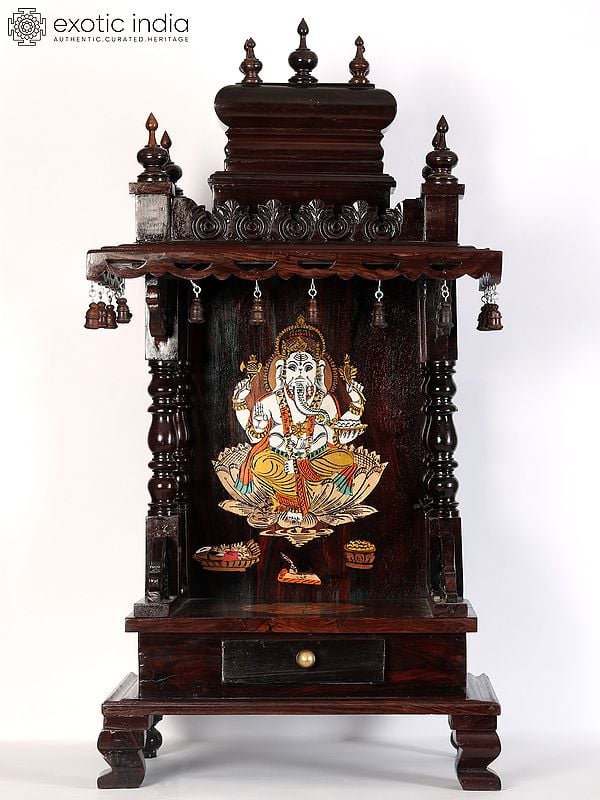 34" Large Beautiful Ganesha Temple In Wood With Inlay Work