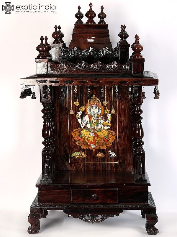 36" Large Wood Inlay Work Ganesha Temple With Small Bells