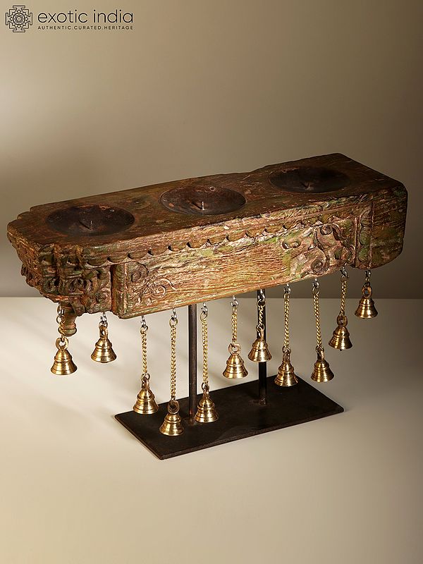 18" Wood Candle Stand with Brass Dangling Bells