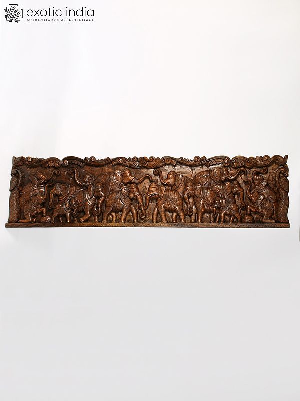 72" Large Wood Carved Herd of Elephants Wall Panel in Wood