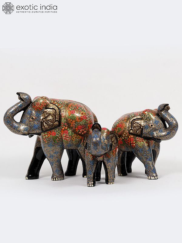16" Hand-Painted Wood Based Papier Mache Elephant Family (Set of 3) | Home Decor