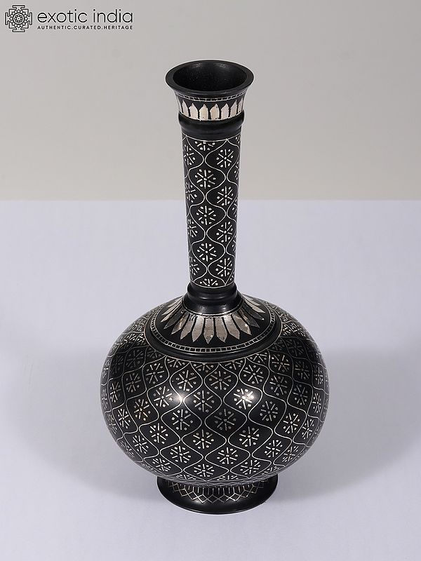 9" Small Beautiful Surahi Vase | Bidri Artwork | Gunmetal With Real Silver