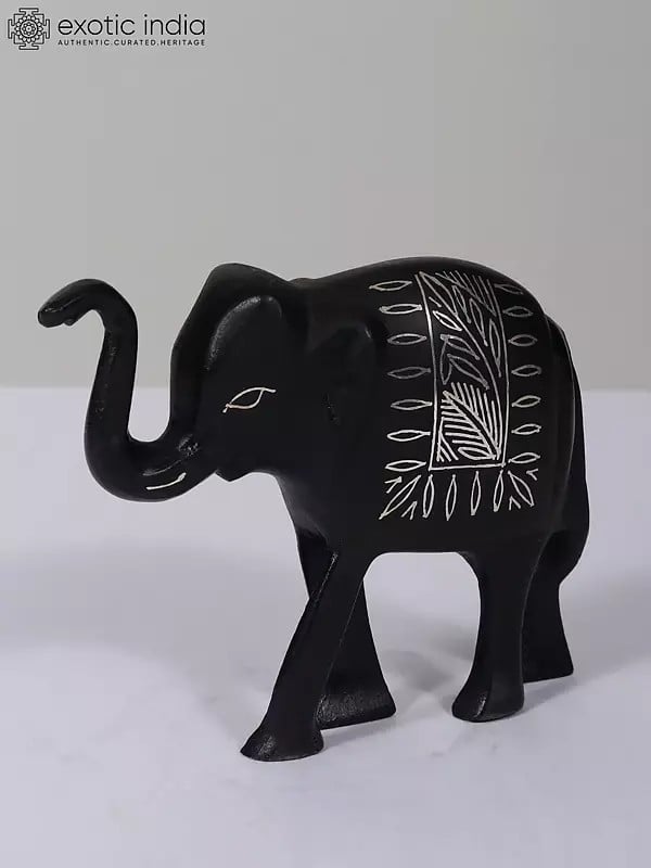 4" Small Trunk Up Elephant | Bidri Artwork | Gunmetal With Real Silver
