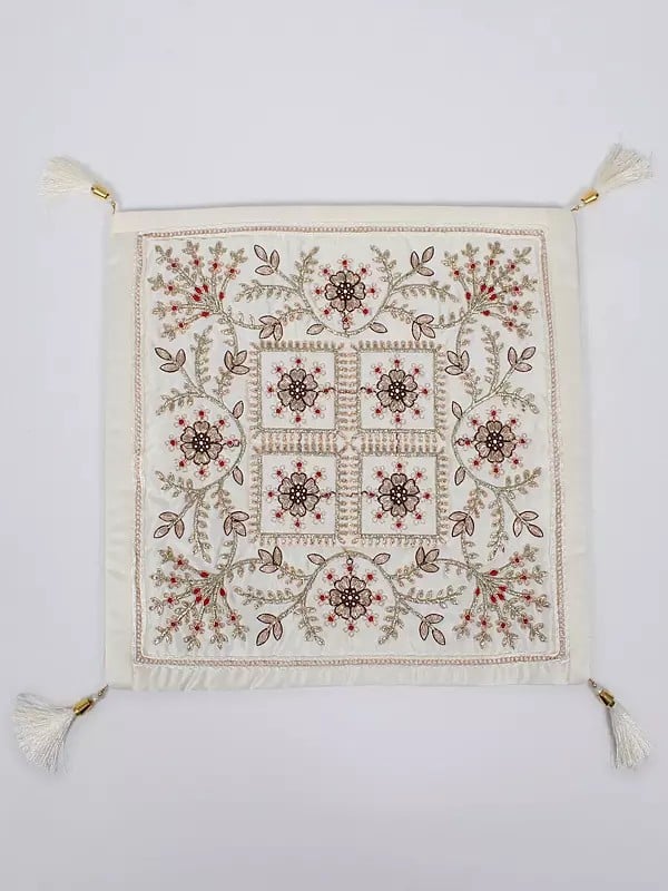 Bright-White Floral Zari Embroidered Art Silk Tassel Cushion Cover