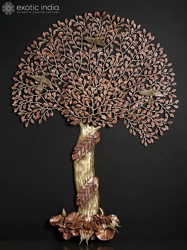 46" Wall Mounted Large Tree of Life with Chirping Birds | Brass with 24 Karat Rose Gold Plating