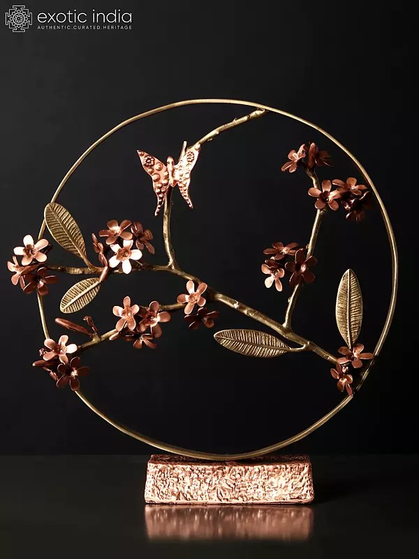 17" Beautiful Butterfly on Plumeria | Round Table Decor | Brass with 24 Karat Rose Gold Plating