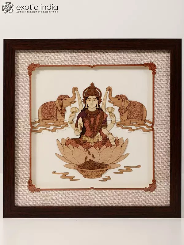 Goddess Gajalakshmi | Wood Carved Frame | Wall Hanging