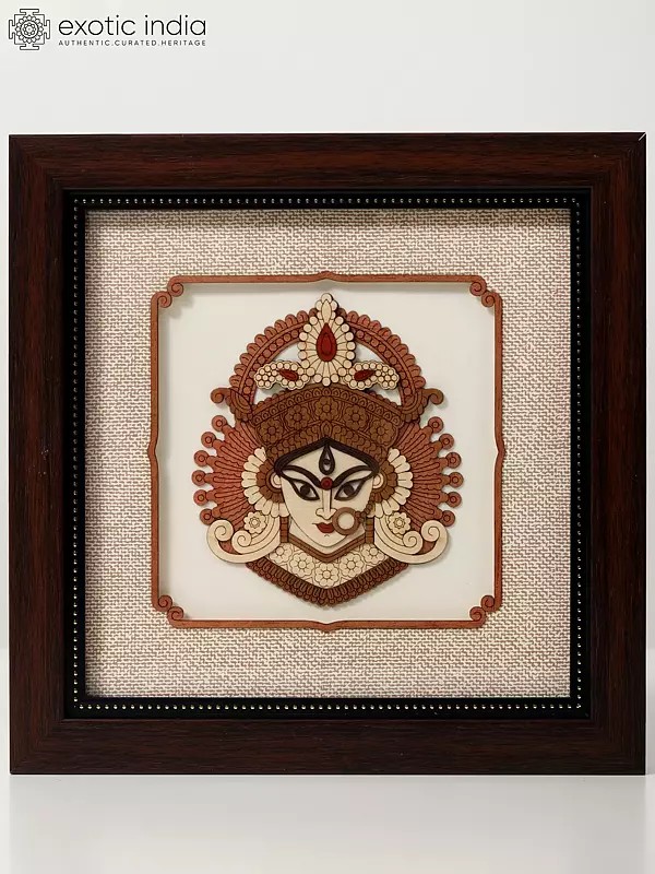 Goddess Durga Face | Wood Carved Frame | Wall Hanging