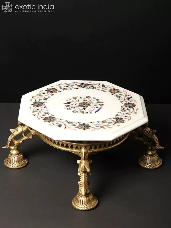 15" Octagon Shaped White Marble Designer Chowki/Pedestal with Inlay Work on Brass Stand